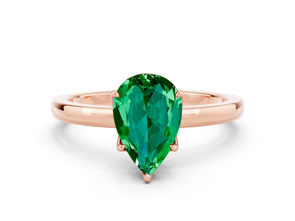 Rose gold Pear Cut Emerald Solitaire Ring with Thin Band and Prong Setting