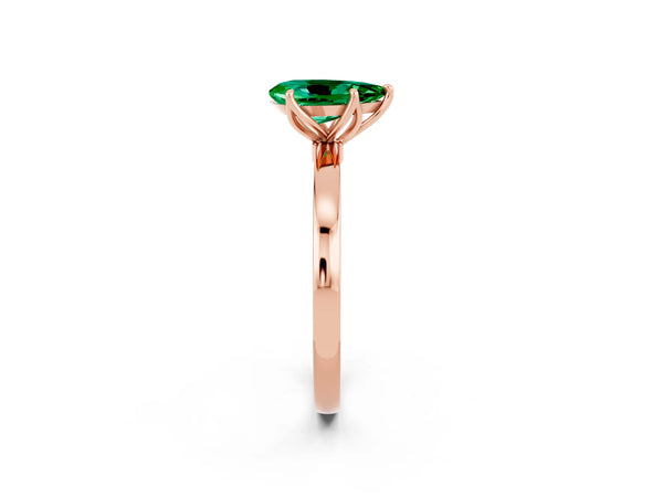 Rose gold Pear Cut Emerald Solitaire Ring with Thin Band and Prong Setting