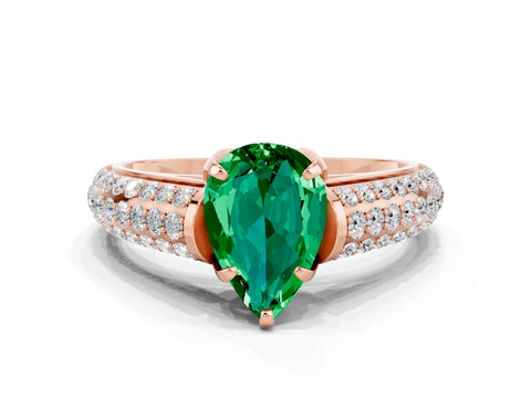 Rose gold Pear Cut Emerald Solitaire Ring with Three-Row Pavé Band and Four-Prong Setting_12