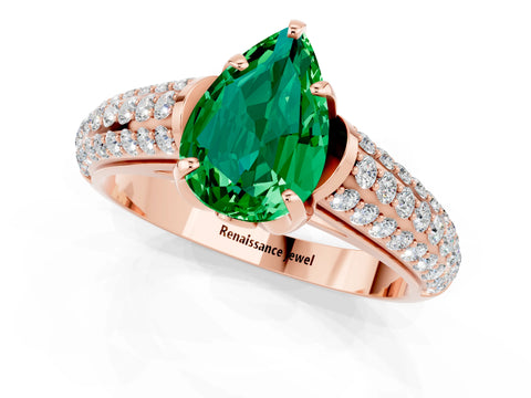 Rose gold Pear Cut Emerald Solitaire Ring with Three-Row Pavé Band and Four-Prong Setting_13