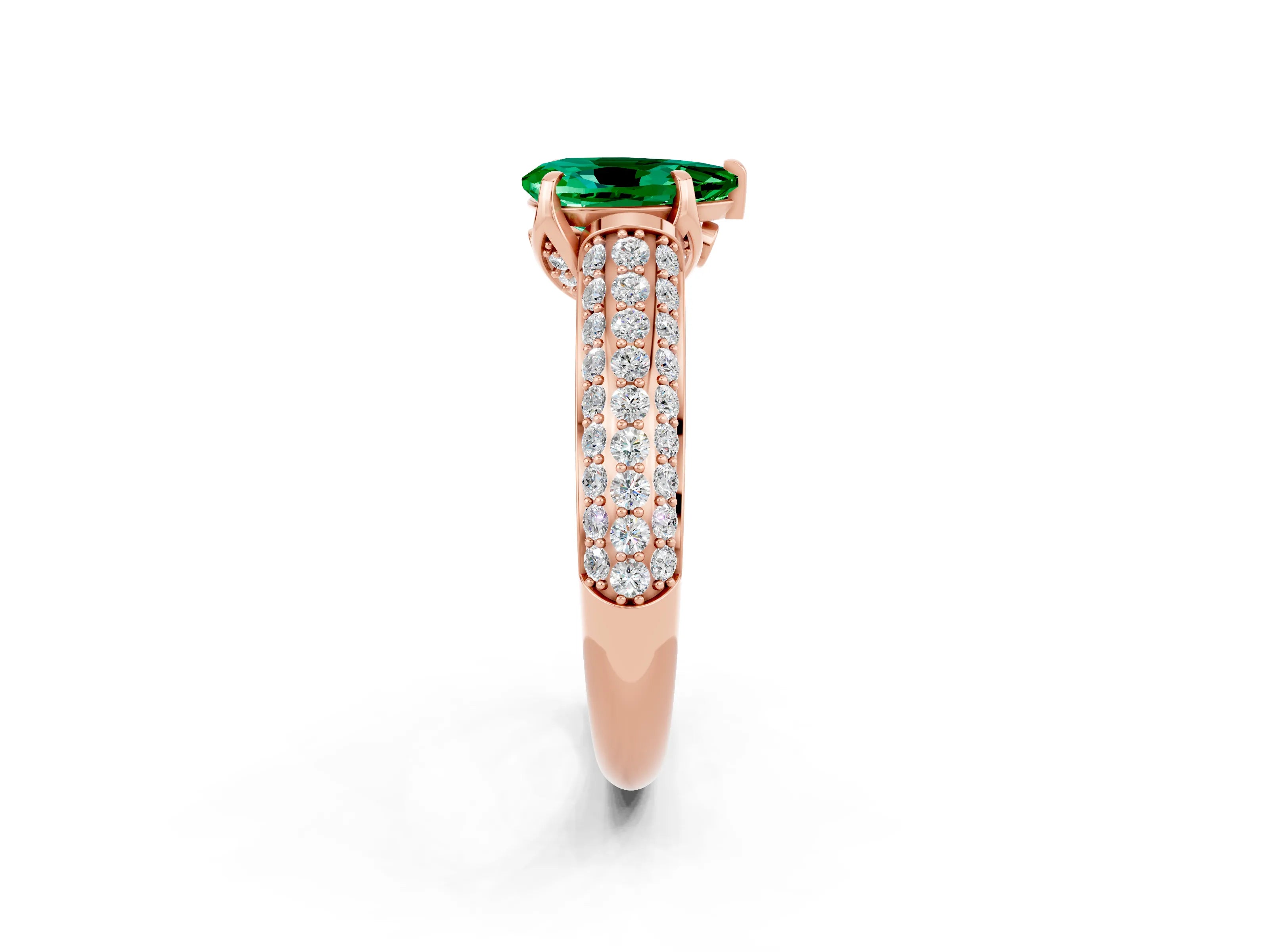 Rose gold Pear Cut Emerald Solitaire Ring with Three-Row Pavé Band and Four-Prong Setting_14