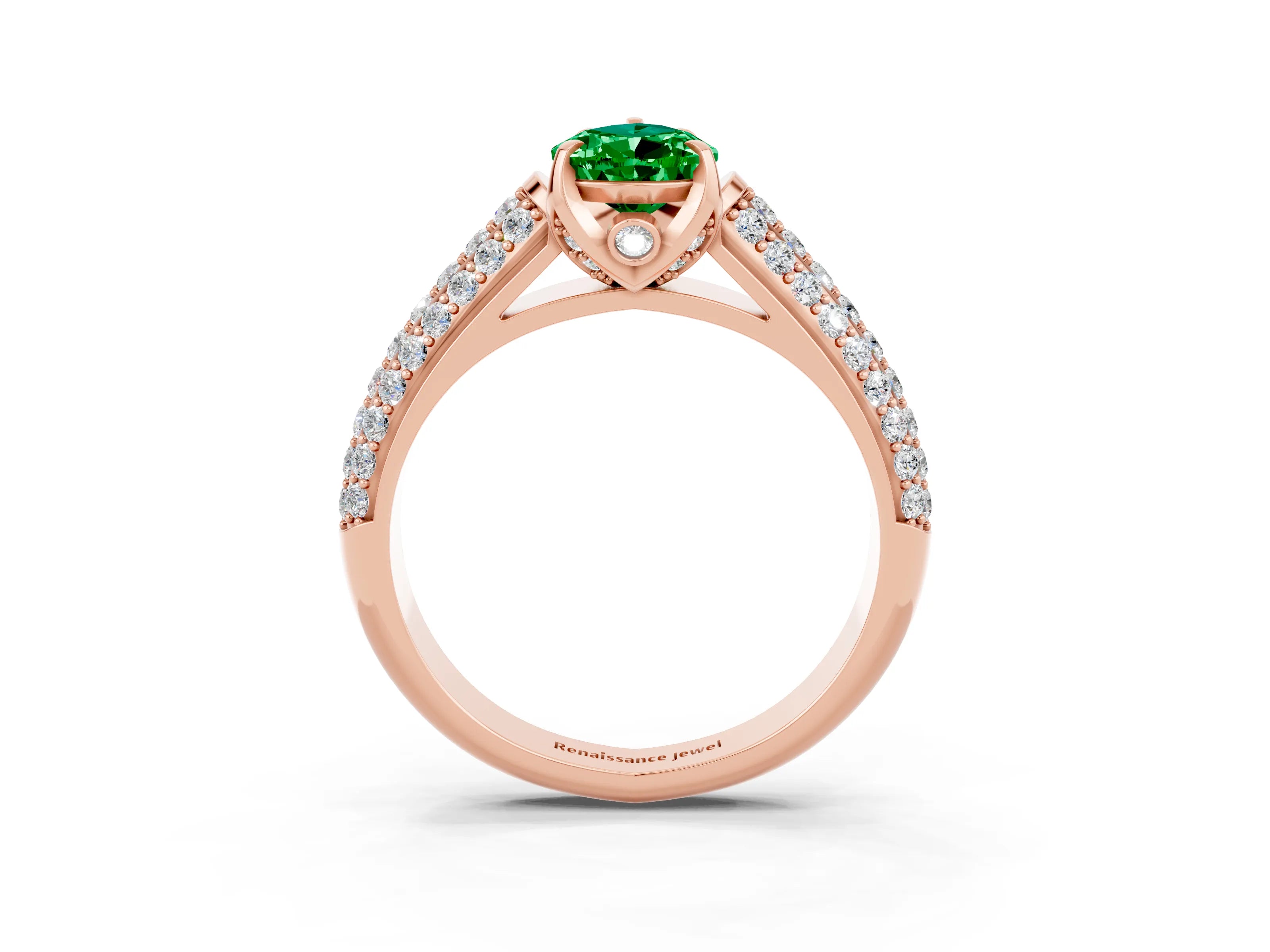 Rose gold Pear Cut Emerald Solitaire Ring with Three-Row Pavé Band and Four-Prong Setting_15