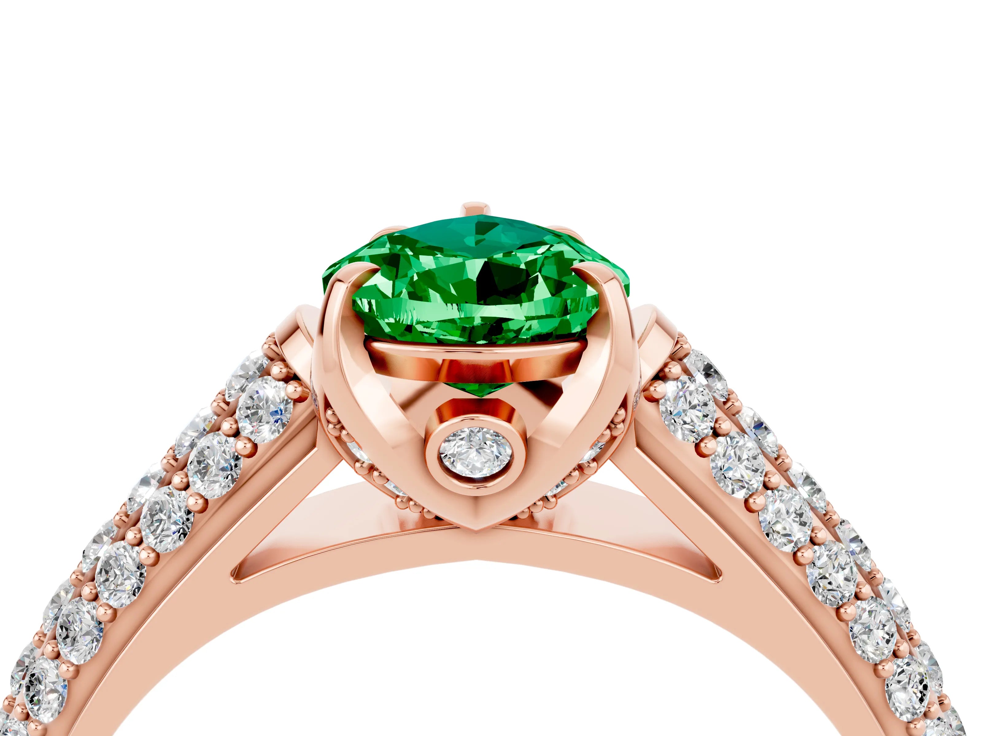 Rose gold Pear Cut Emerald Solitaire Ring with Three-Row Pavé Band and Four-Prong Setting_16