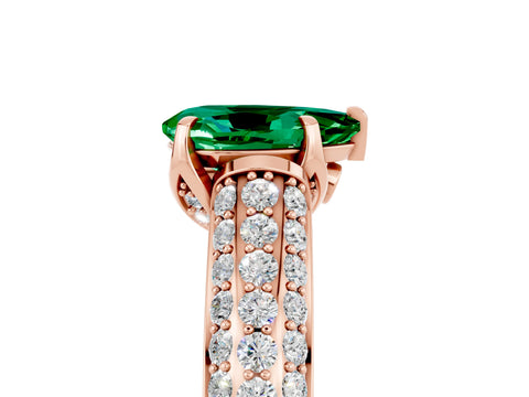 Rose gold Pear Cut Emerald Solitaire Ring with Three-Row Pavé Band and Four-Prong Setting_17