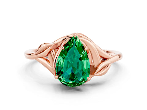 Rose gold Pear Cut Emerald Solitaire Ring with Twist Band and Four-Prong Setting_24