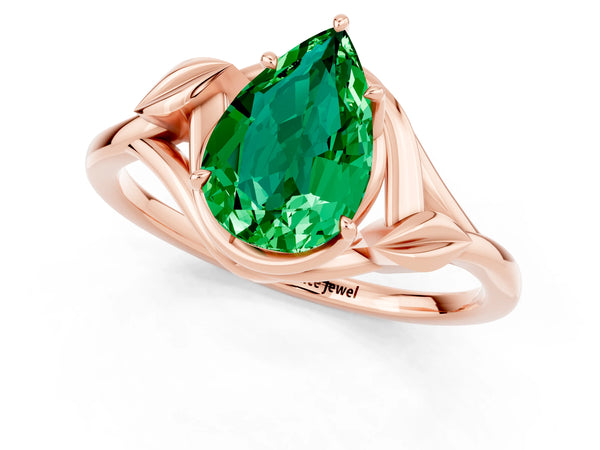 Rose gold Pear Cut Emerald Solitaire Ring with Twist Band and Four-Prong Setting