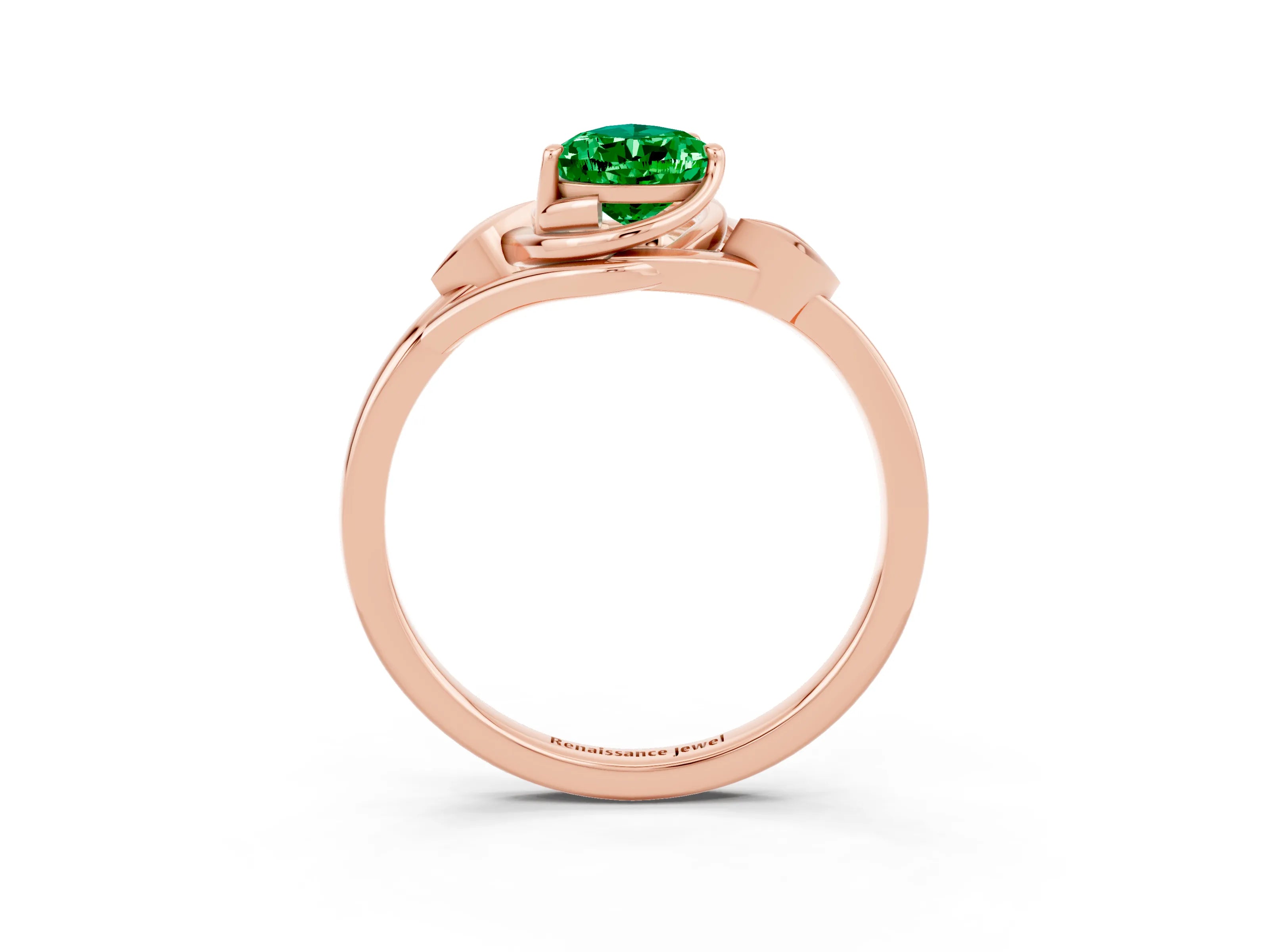 Rose gold Pear Cut Emerald Solitaire Ring with Twist Band and Four-Prong Setting_27