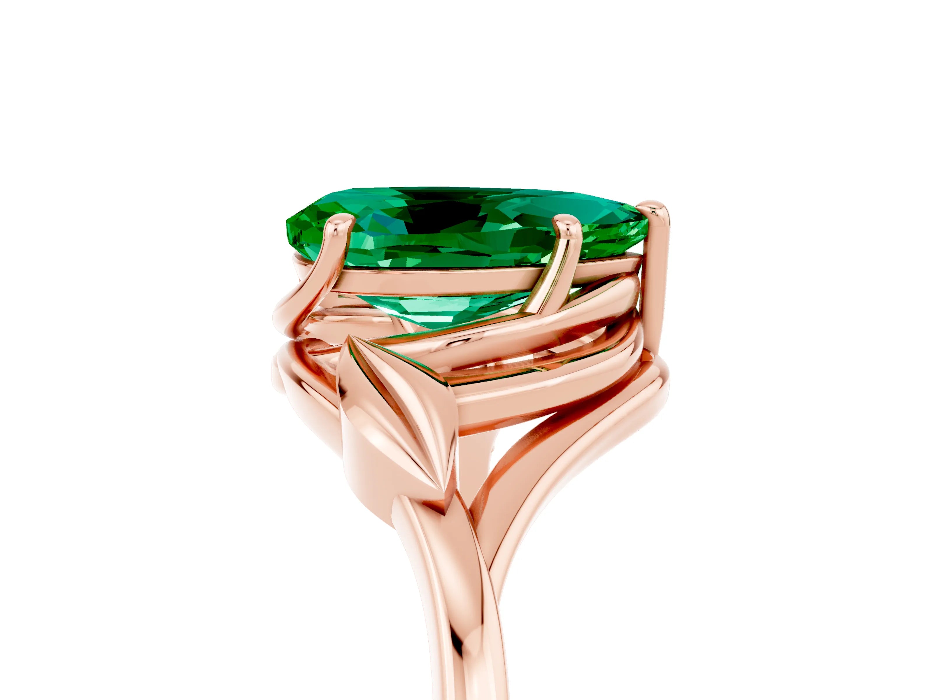 Rose gold Pear Cut Emerald Solitaire Ring with Twist Band and Four-Prong Setting_29