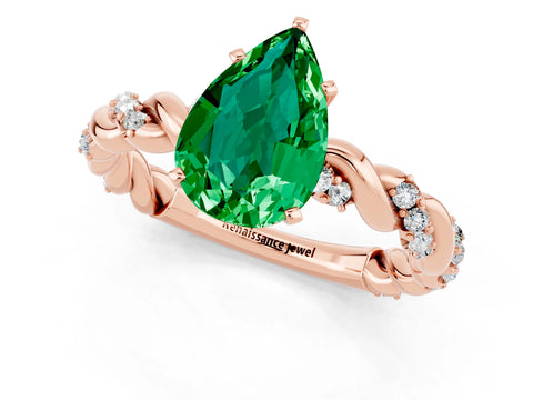 Rose gold Pear Cut Emerald Solitaire Ring with Twisted Band and Pavé Accents_1