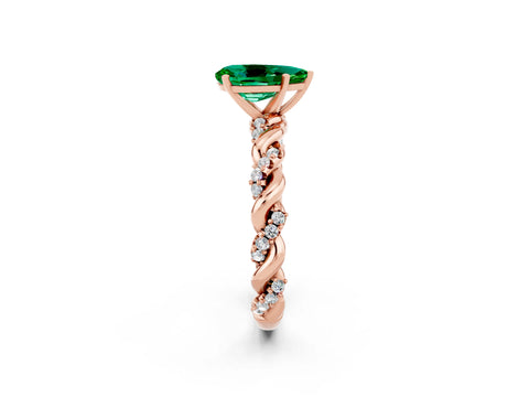 Rose gold Pear Cut Emerald Solitaire Ring with Twisted Band and Pavé Accents_2