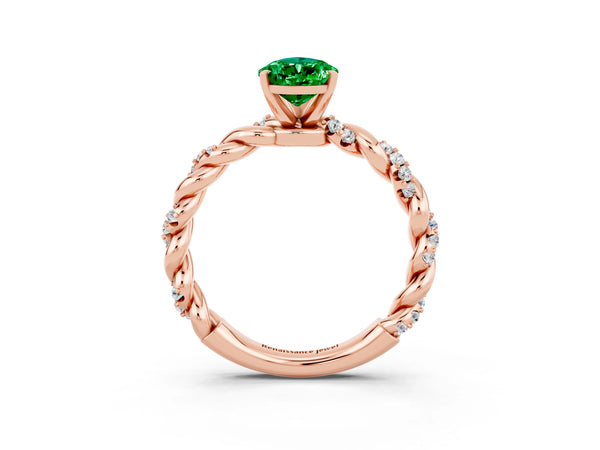 Rose gold Pear Cut Emerald Solitaire Ring with Twisted Band and Pavé Accents