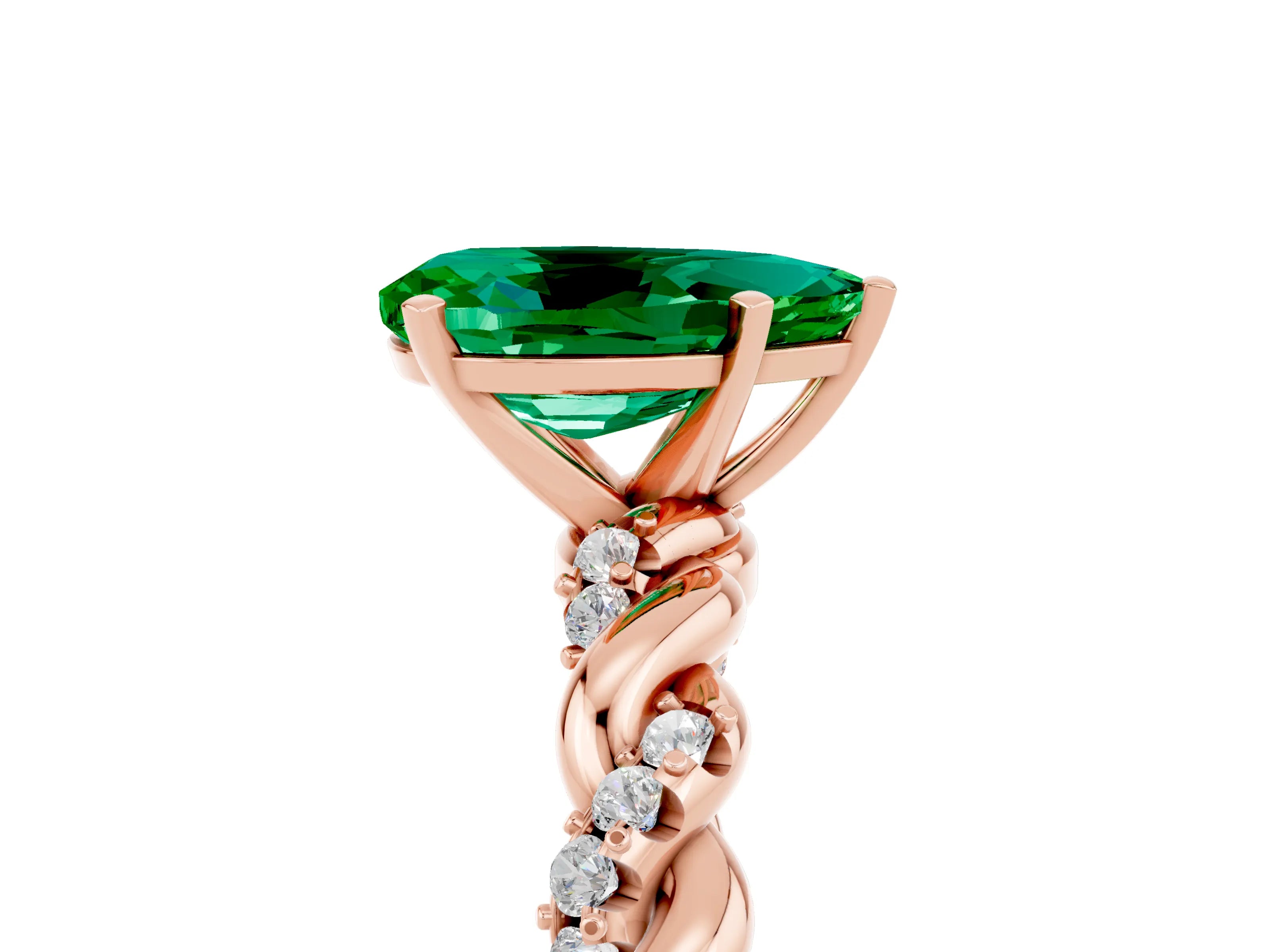 Rose gold Pear Cut Emerald Solitaire Ring with Twisted Band and Pavé Accents_5