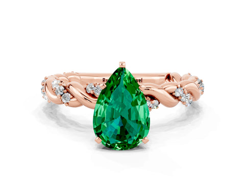 Rose gold Pear Cut Emerald Solitaire Ring with Twisted Band and Pavé Accents
