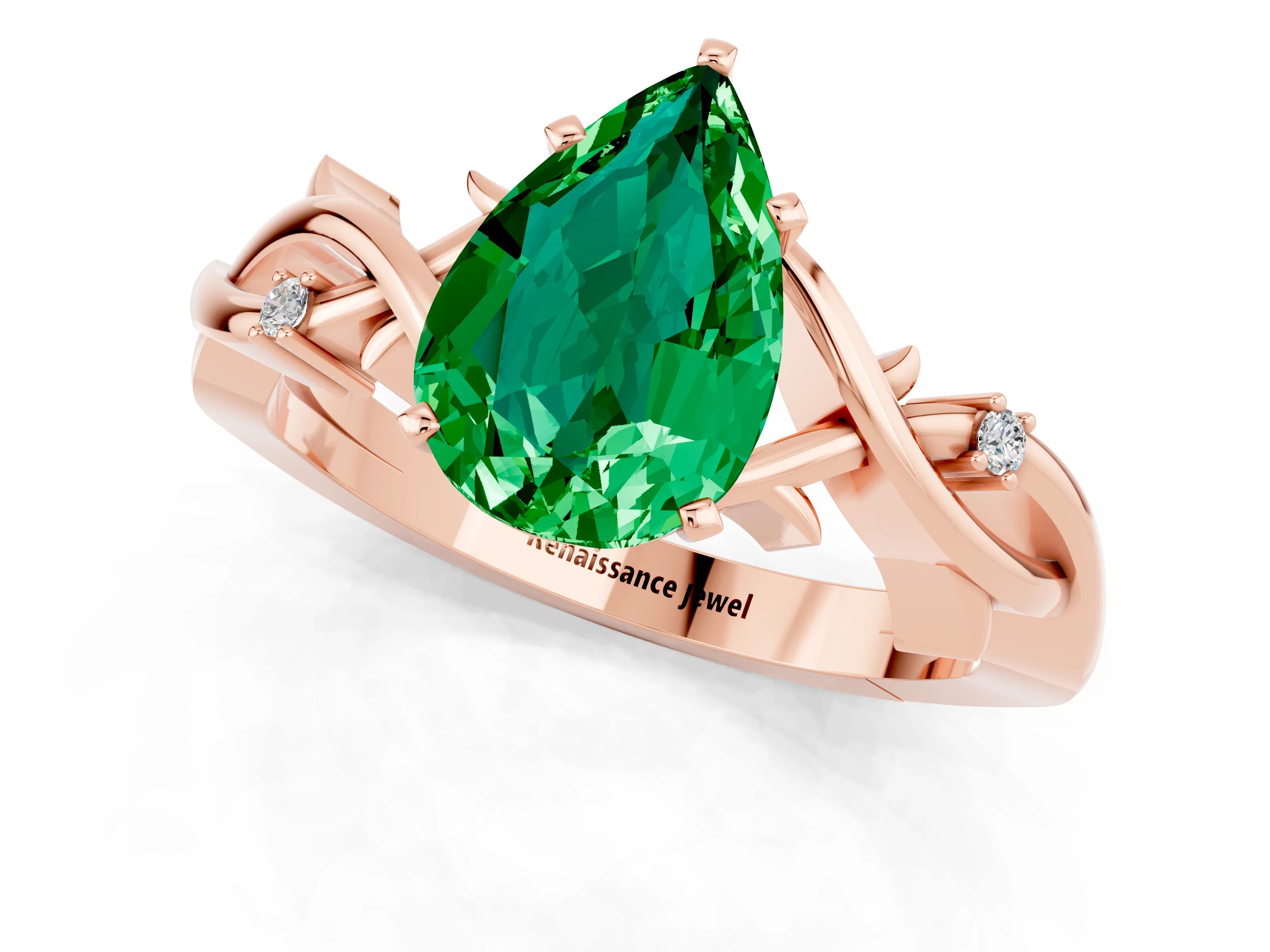 Rose gold Pear Cut Emerald Solitaire Ring with Twisted Band and Prong Setting_1