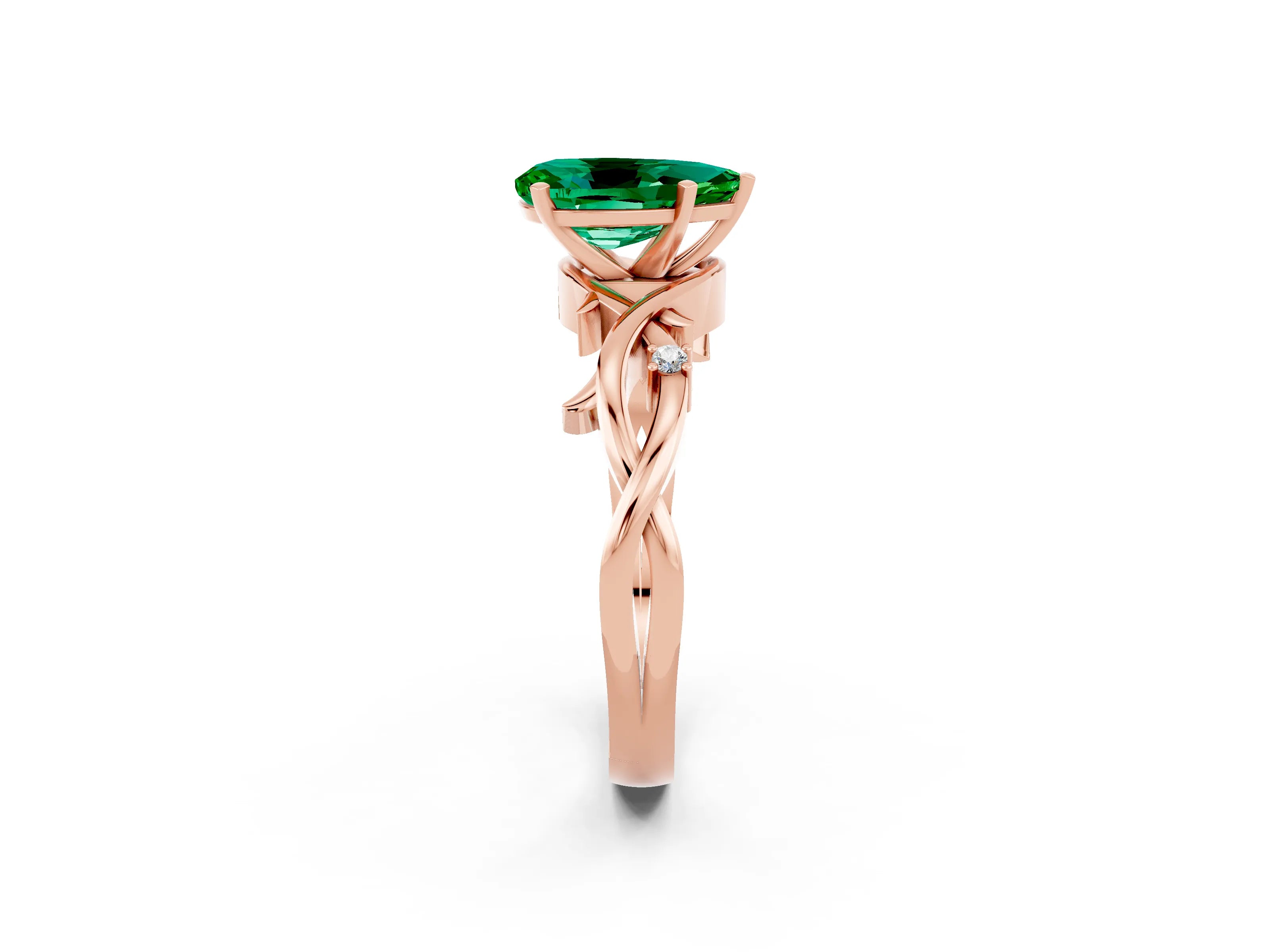 Rose gold Pear Cut Emerald Solitaire Ring with Twisted Band and Prong Setting_2