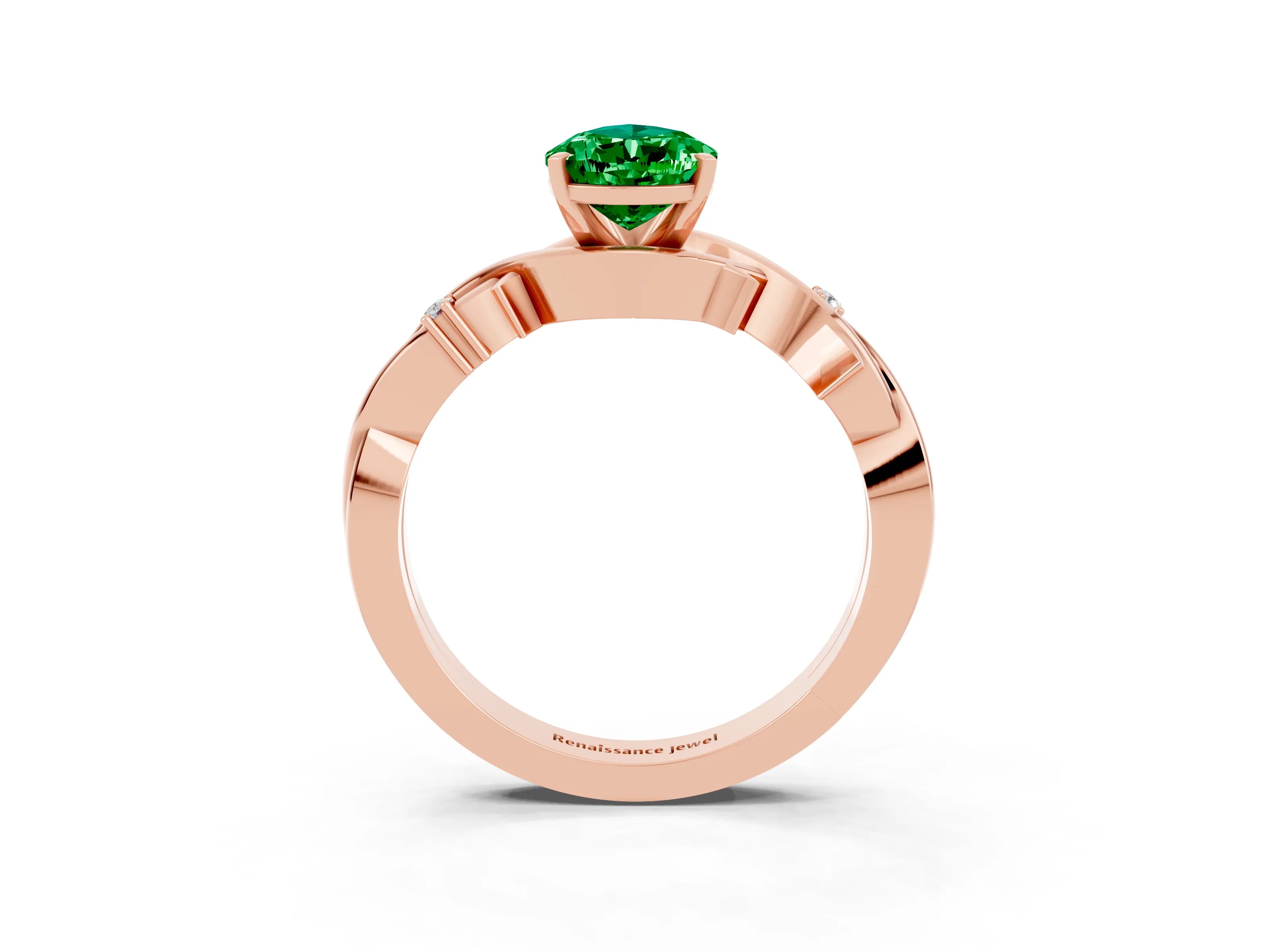 Rose gold Pear Cut Emerald Solitaire Ring with Twisted Band and Prong Setting_3