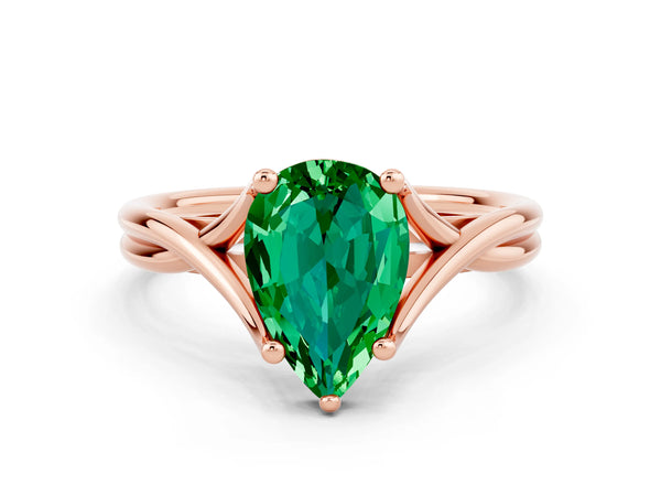 Rose gold Pear Cut Emerald Solitaire Twist Band Prong Setting Ring