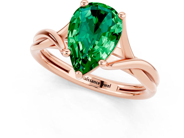 Rose gold Pear Cut Emerald Solitaire Twist Band Prong Setting Ring