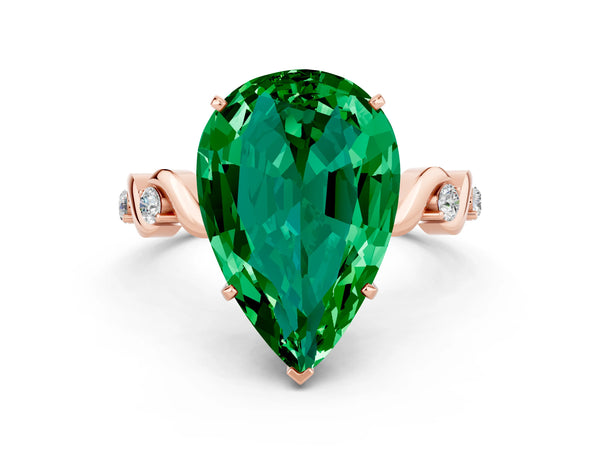 Rose gold Pear Cut Emerald Solitaire Twisted Band with Round  Accents and Prong Setting