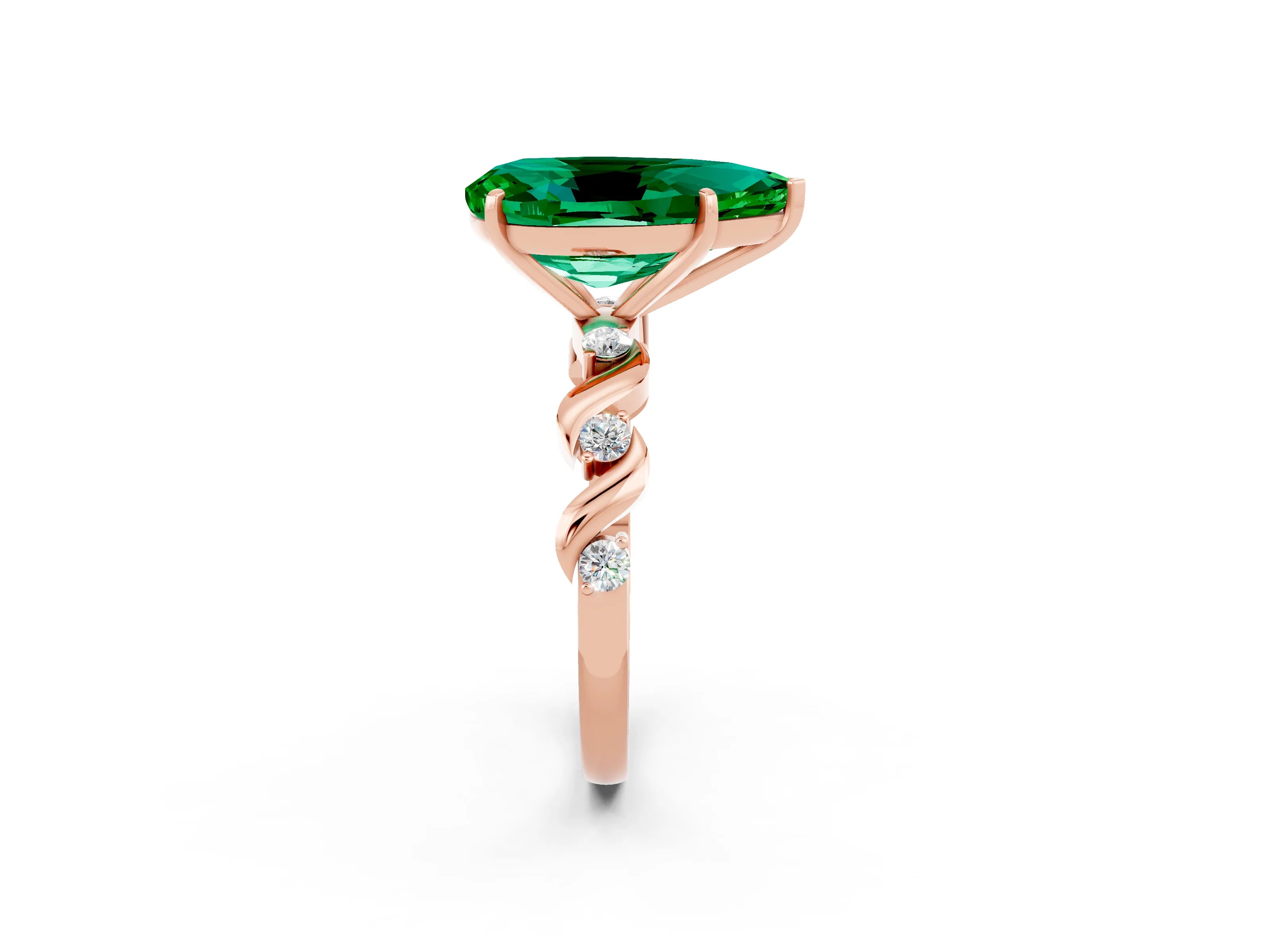 Rose gold Pear Cut Emerald Solitaire Twisted Band with Round  Accents and Prong Setting_26