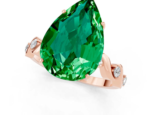 Rose gold Pear Cut Emerald Solitaire Twisted Band with Round  Accents and Prong Setting