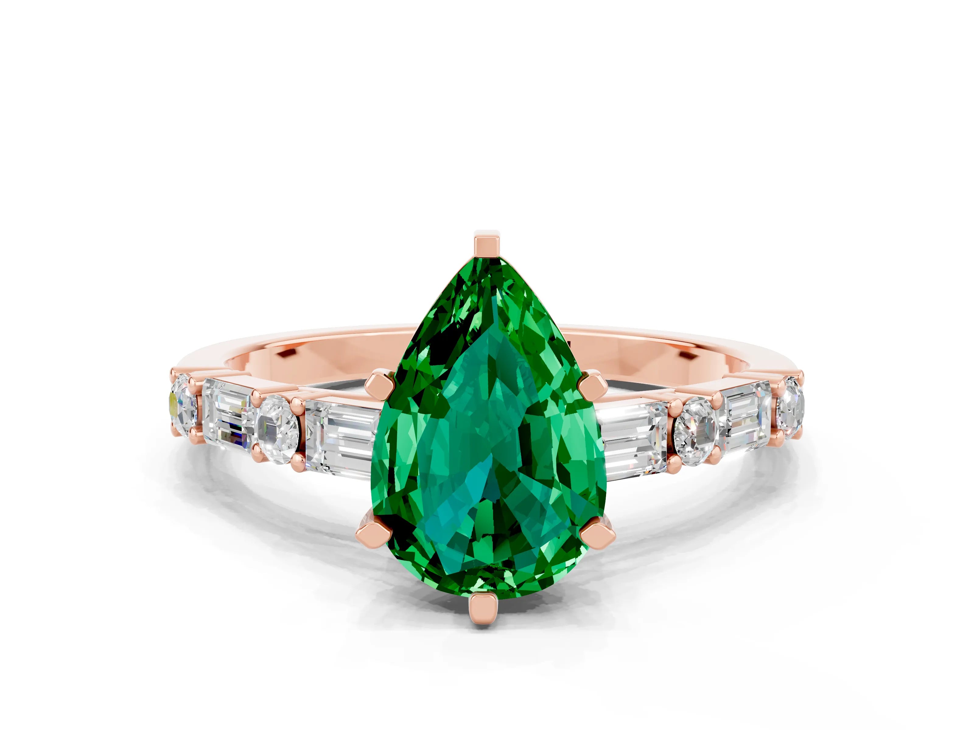 Rose gold Pear Cut Emerald Solitaire with Side Baguettes and Channel Set Band