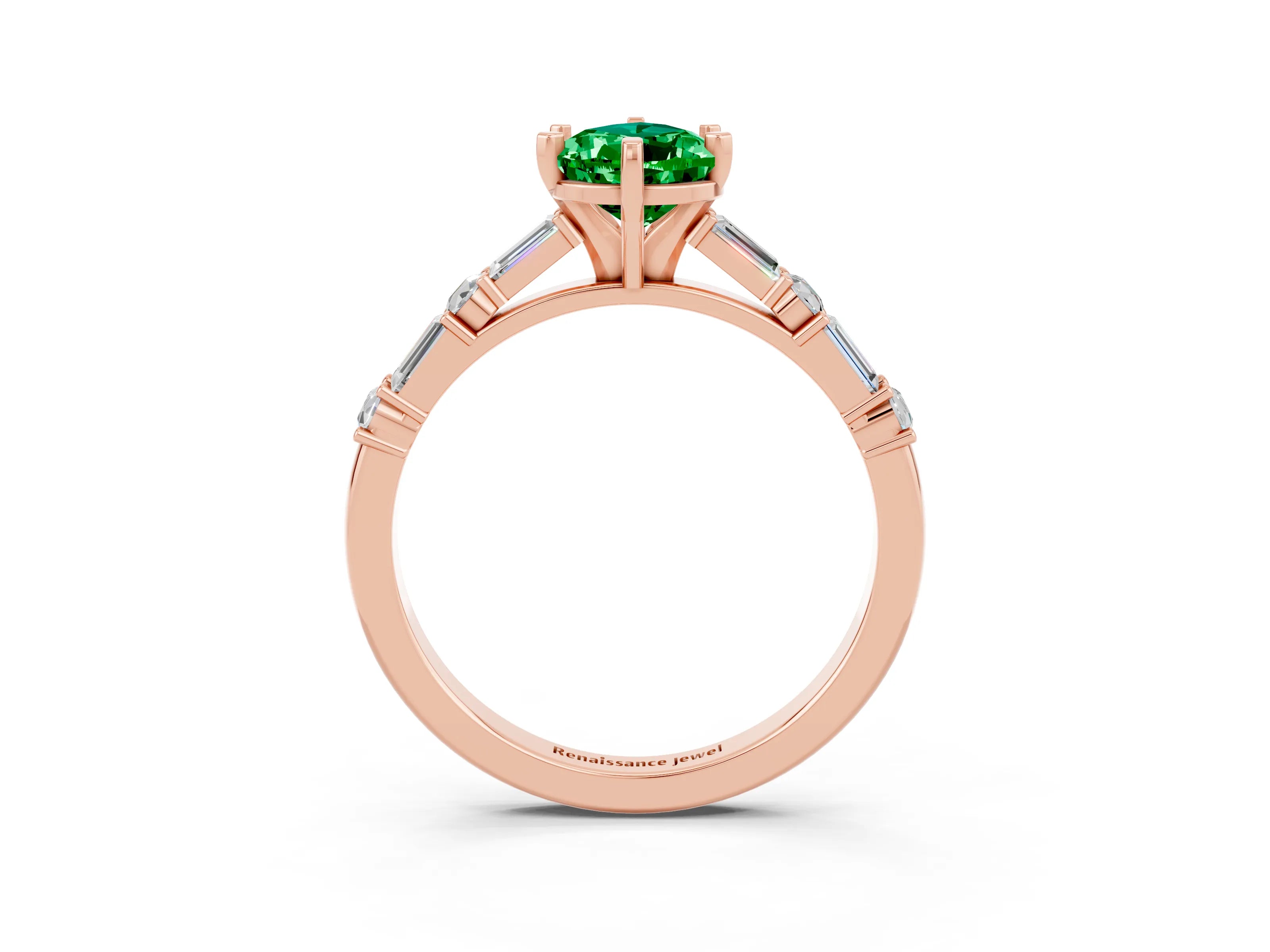 Rose gold Pear Cut Emerald Solitaire with Side Baguettes and Channel Set Band_3