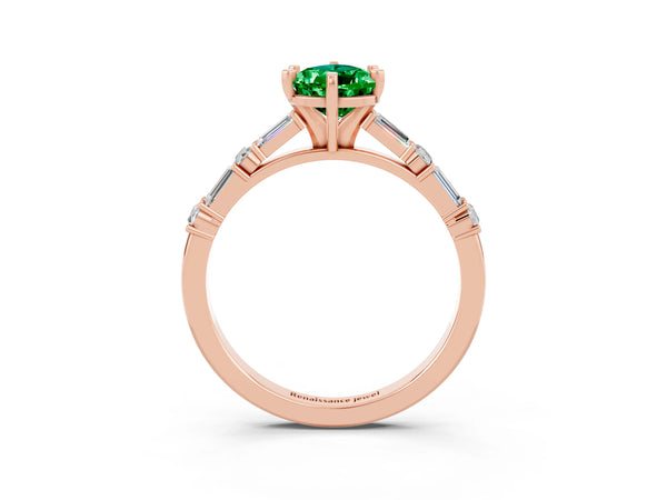 Rose gold Pear Cut Emerald Solitaire with Side Baguettes and Channel Set Band