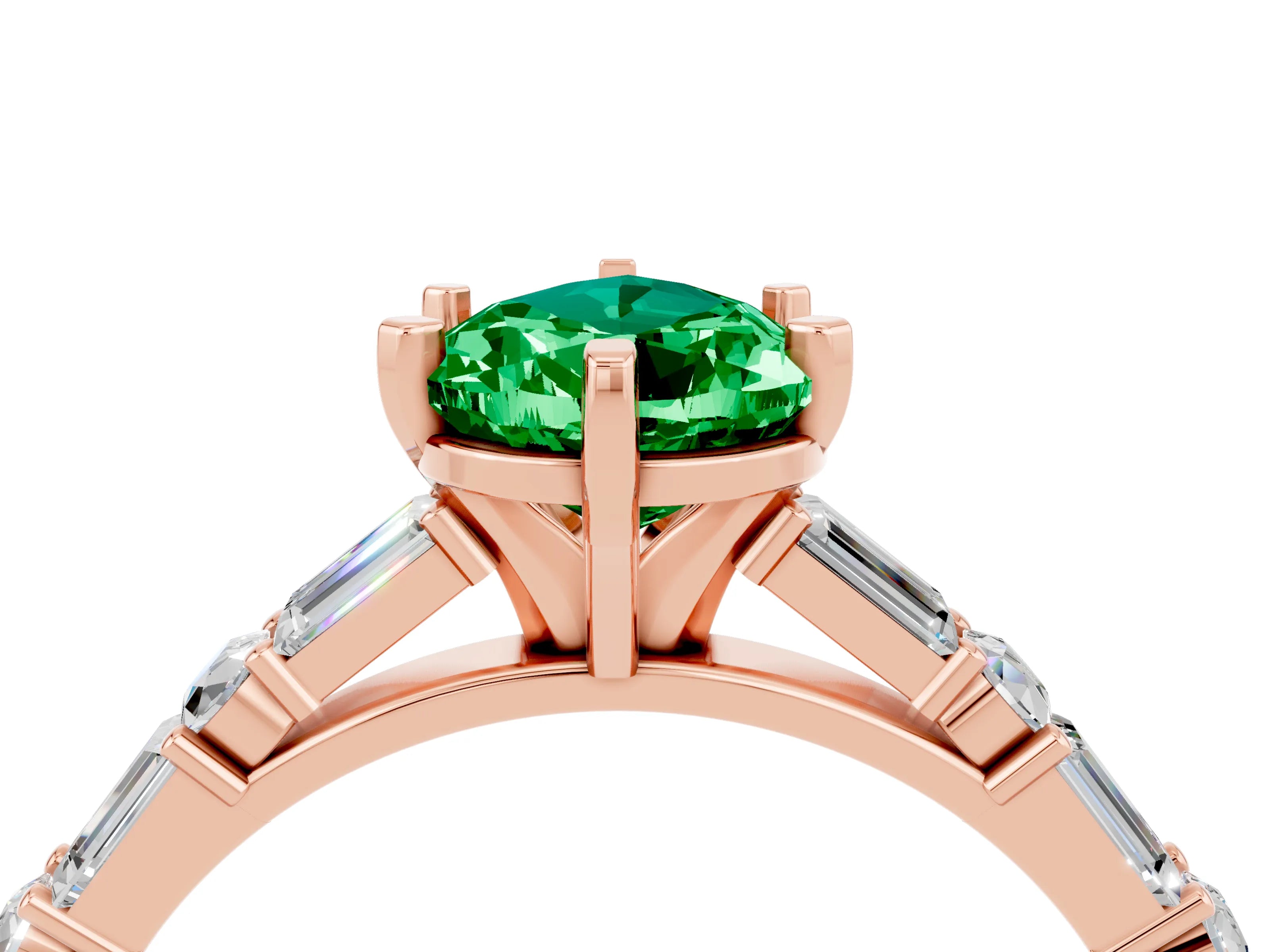 Rose gold Pear Cut Emerald Solitaire with Side Baguettes and Channel Set Band_4