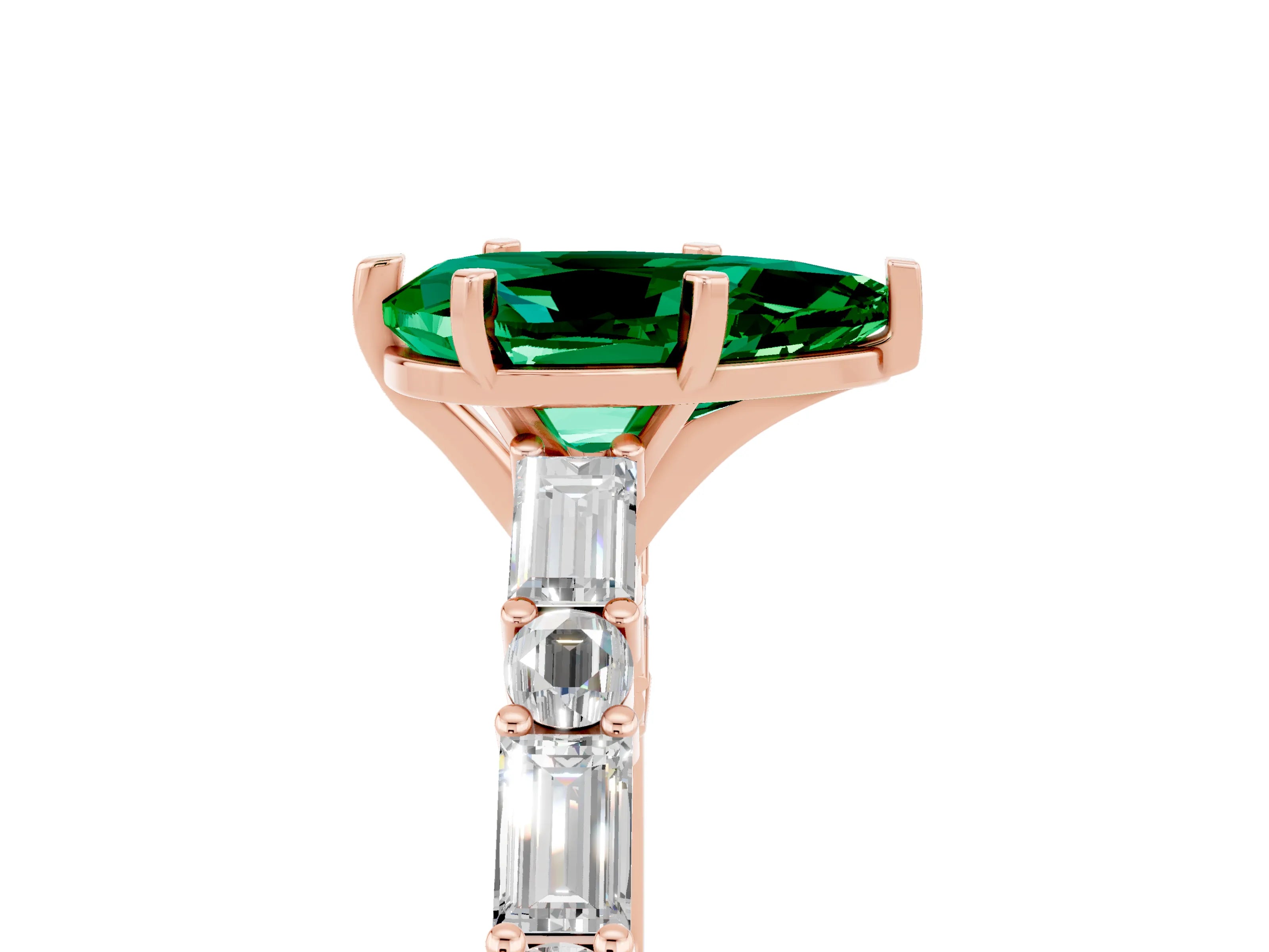 Rose gold Pear Cut Emerald Solitaire with Side Baguettes and Channel Set Band_5