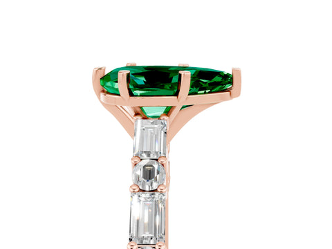 Rose gold Pear Cut Emerald Solitaire with Side Baguettes and Channel Set Band_5