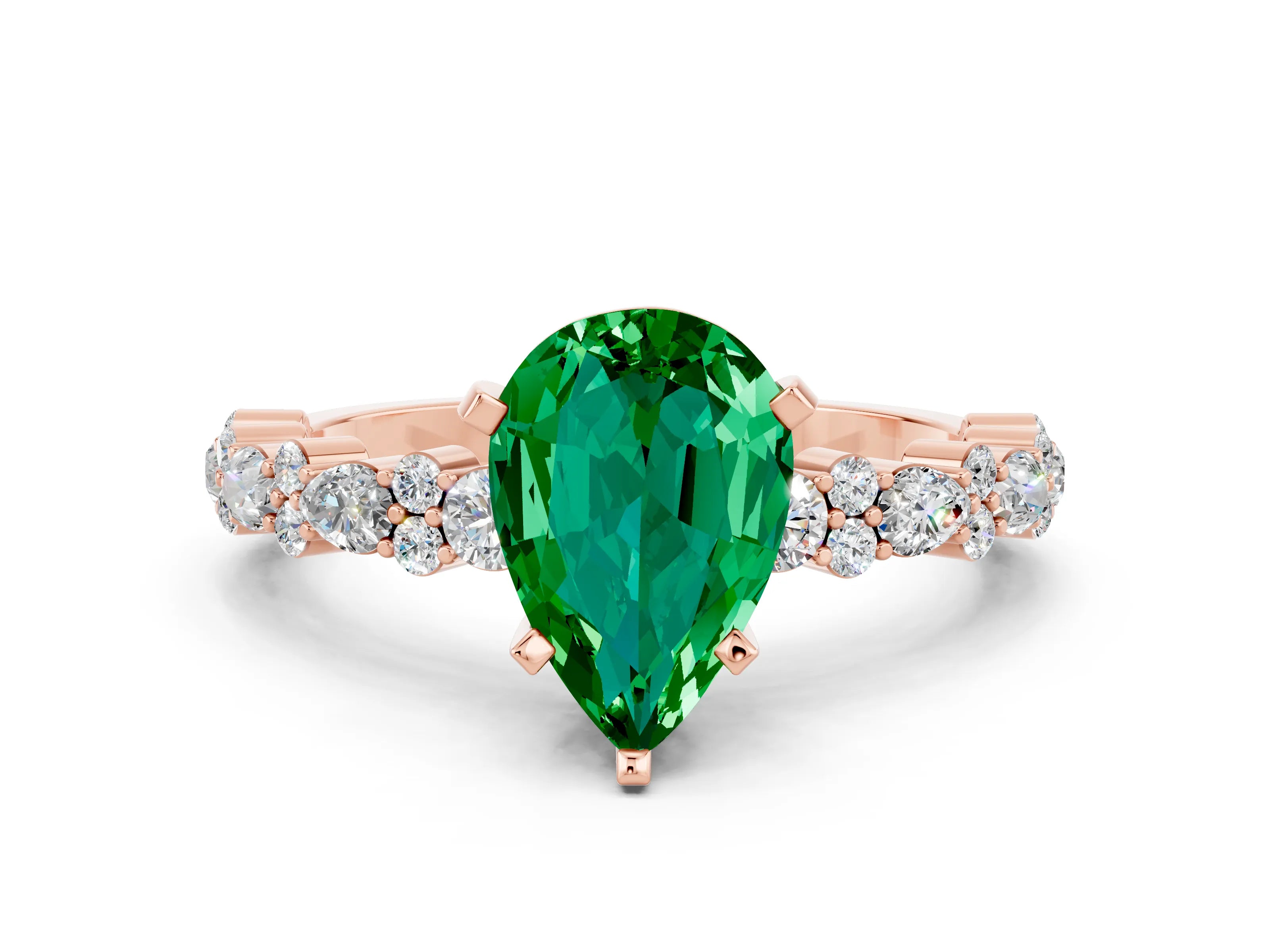Rose gold Pear Cut Emerald Solitaire with Side Stones, Pave Band, Four-Prong Setting_36