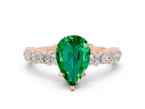 Rose gold Pear Cut Emerald Solitaire with Side Stones, Pave Band, Four-Prong Setting_36