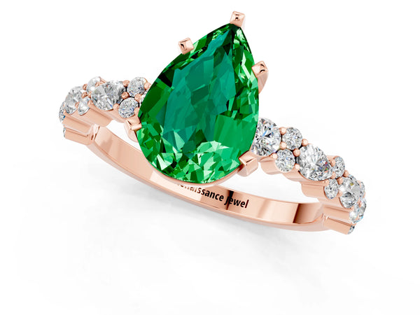 Rose gold Pear Cut Emerald Side Stone Solitaire Ring with Round  and Four-Prong Setting
