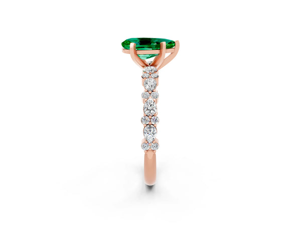 Rose gold Pear Cut Emerald Side Stone Solitaire Ring with Round  and Four-Prong Setting