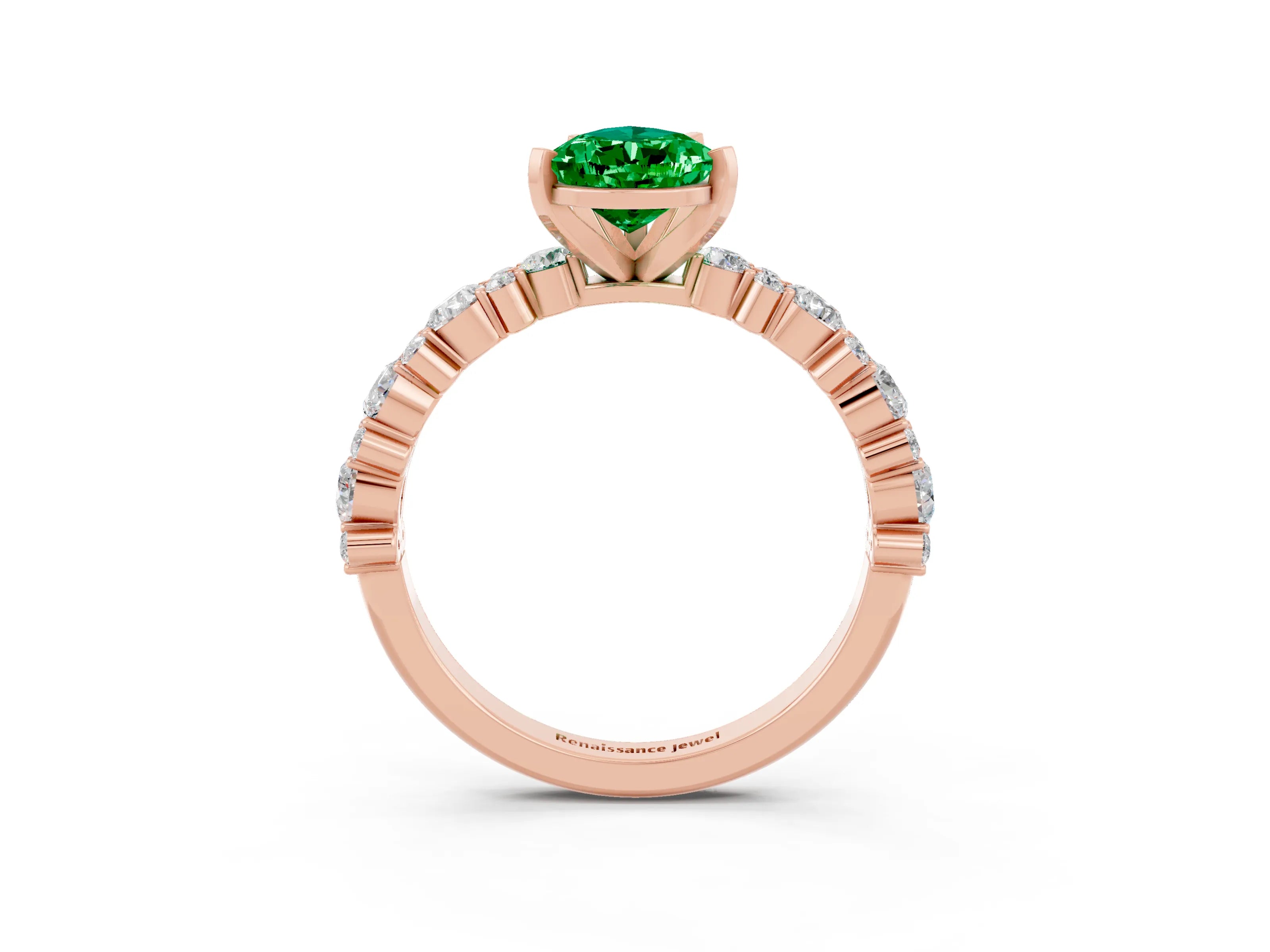 Rose gold Pear Cut Emerald Solitaire with Side Stones, Pave Band, Four-Prong Setting_39