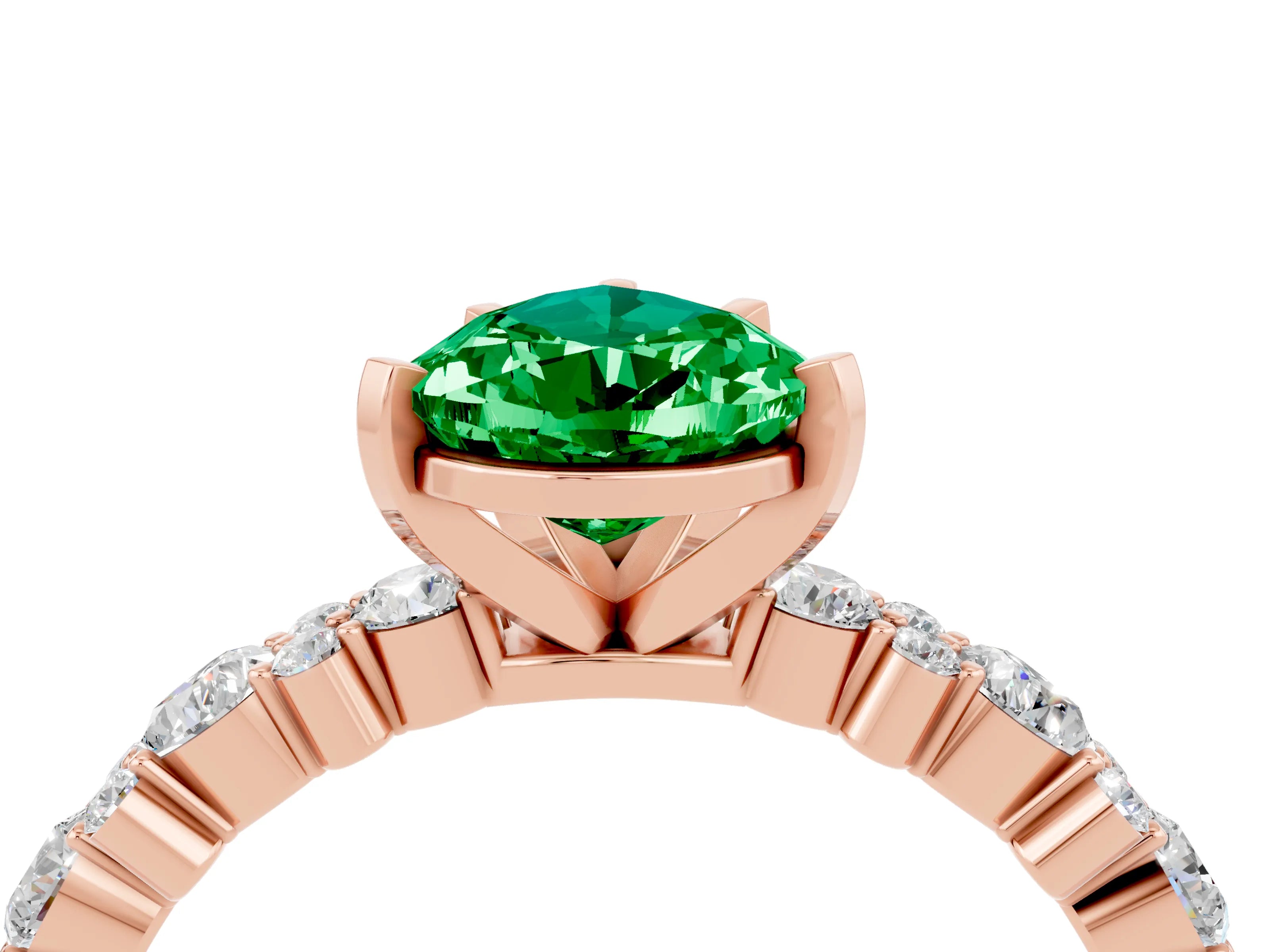 Rose gold Pear Cut Emerald Solitaire with Side Stones, Pave Band, Four-Prong Setting_40