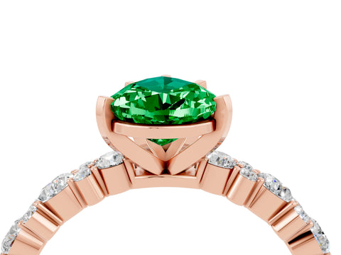 Rose gold Pear Cut Emerald Solitaire with Side Stones, Pave Band, Four-Prong Setting_40