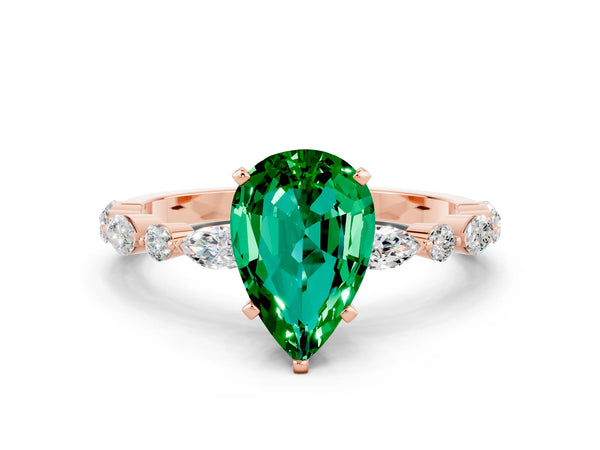 Rose gold Pear Cut Emerald Ring with Marquise and Round  Side Stones and Four-Prong Setting