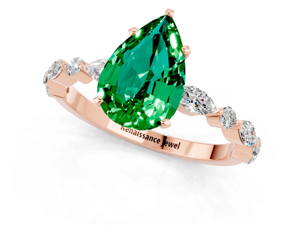 Rose gold Pear Cut Emerald Ring with Marquise and Round  Side Stones and Four-Prong Setting