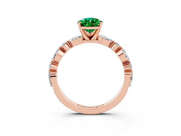 Rose gold Pear Cut Emerald Ring with Marquise and Round  Side Stones and Four-Prong Setting
