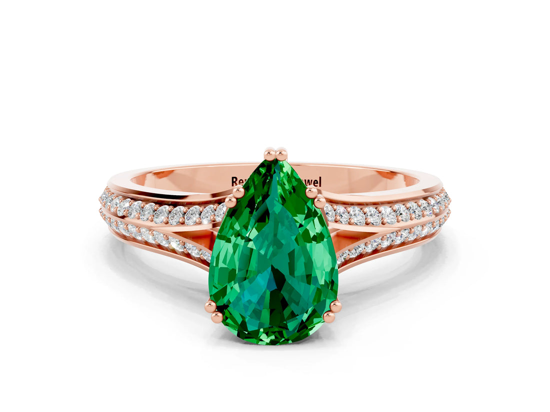 Rose gold Pear Cut Emerald Split Shank Engagement Ring with Pavé Band