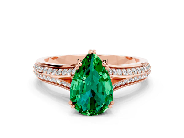 Rose gold Pear Cut Emerald Split Shank Engagement Ring with Pavé Band