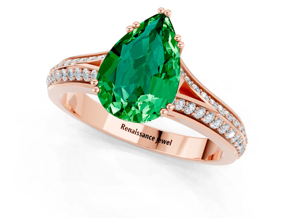 Rose gold Pear Cut Emerald Split Shank Engagement Ring with Pavé Band