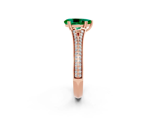 Rose gold Pear Cut Emerald Split Shank Engagement Ring with Pavé Band