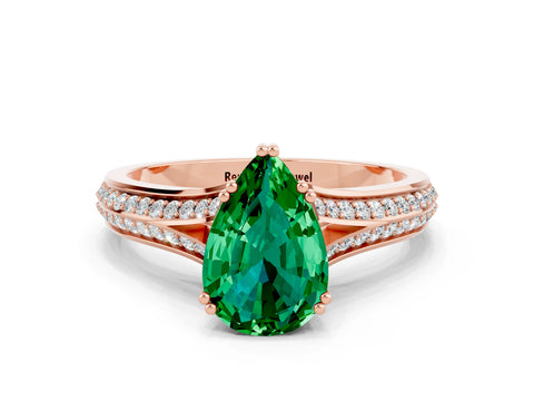 Rose gold Pear Cut Emerald Split Shank Engagement Ring with Pavé Band