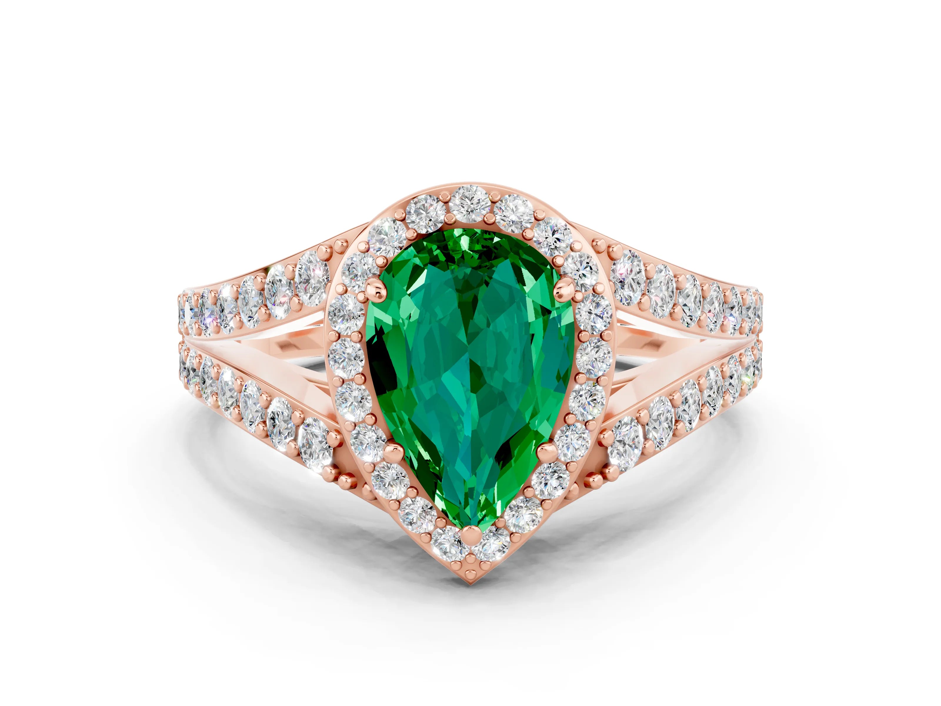 Rose gold Pear Cut Emerald Split Shank Halo Ring with Four-Prong Setting_16