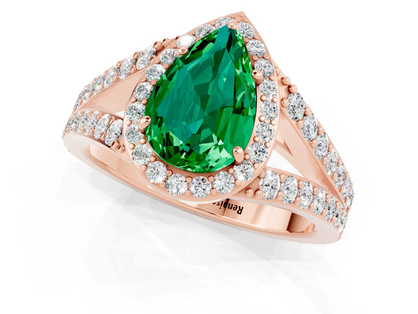 Rose gold Pear Cut Emerald Split Shank Halo Ring with Four-Prong Setting