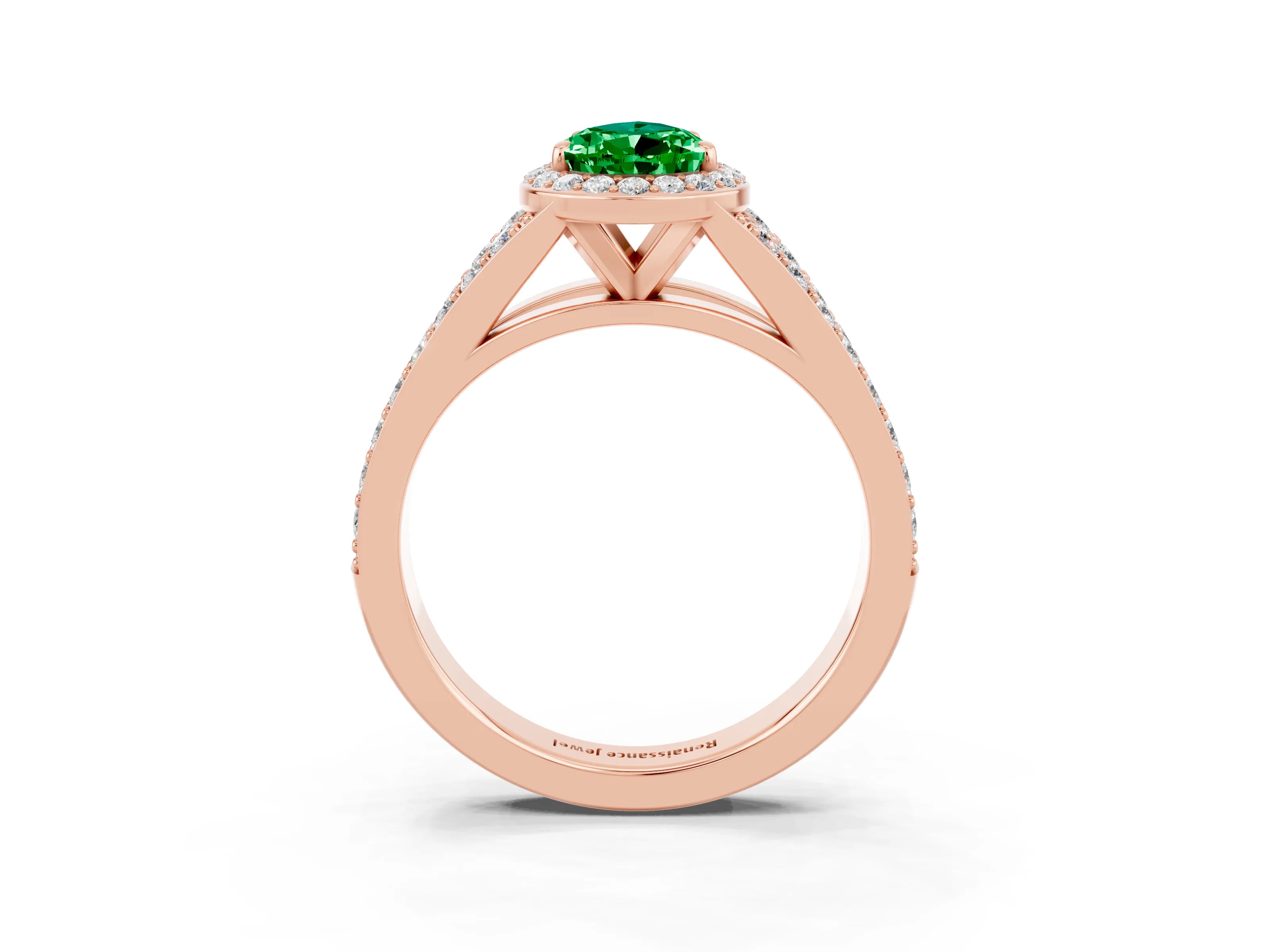 Rose gold Pear Cut Emerald Split Shank Halo Ring with Four-Prong Setting_19