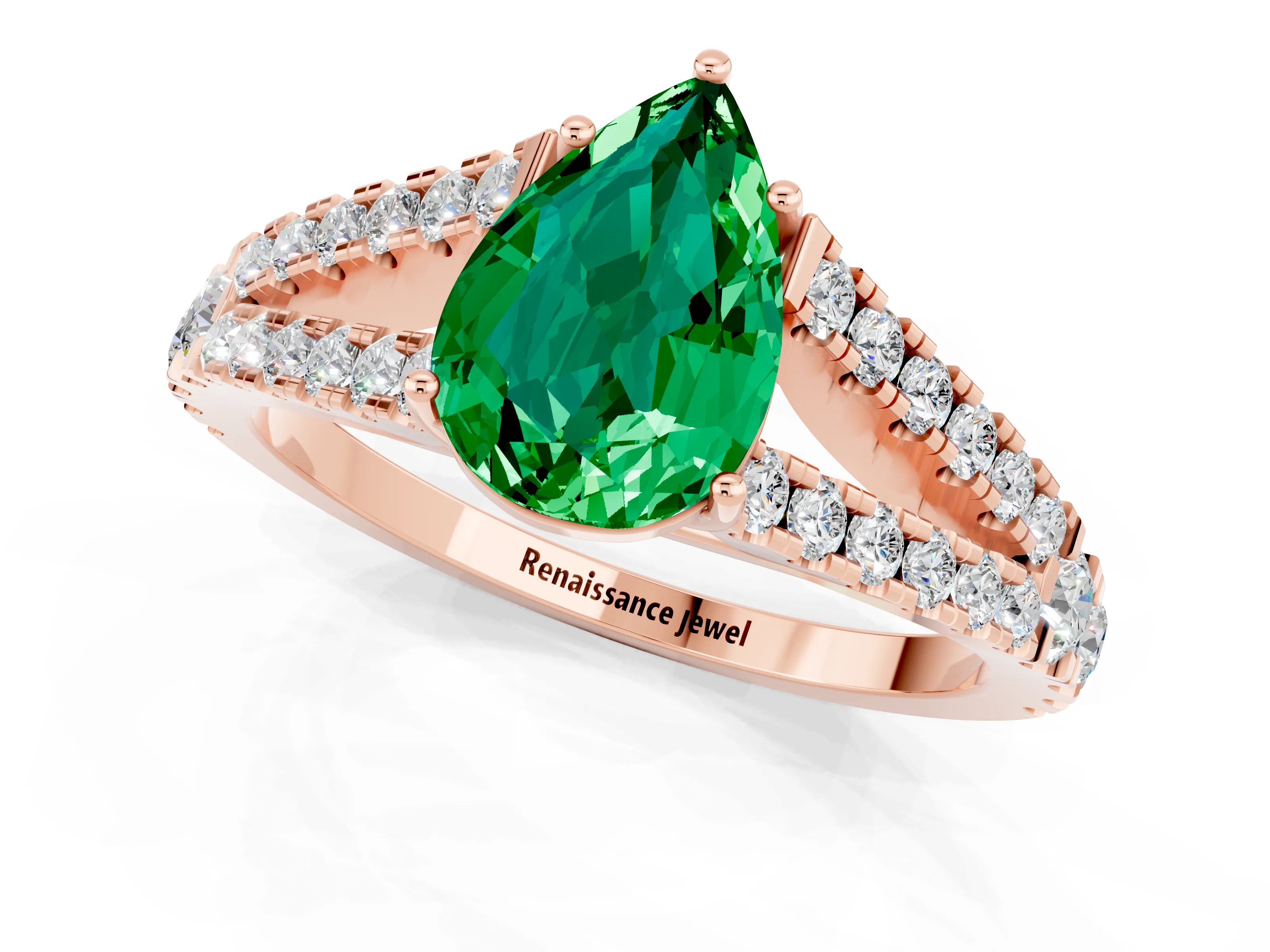 Rose gold Pear Cut Emerald Split Shank Pavé Engagement Ring with Four-Prong Setting_13